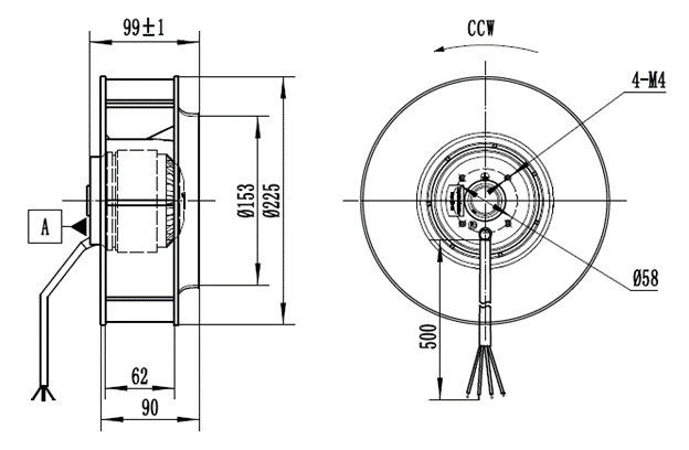 Габаритные и монтажные размеры вентилятора Габаритные и монтажные размеры вентилятора CF225B-2E-AC0